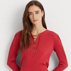 Lauren Ralph Lauren Red Lace Up Waffle Knit 3/4 Sleeve Top